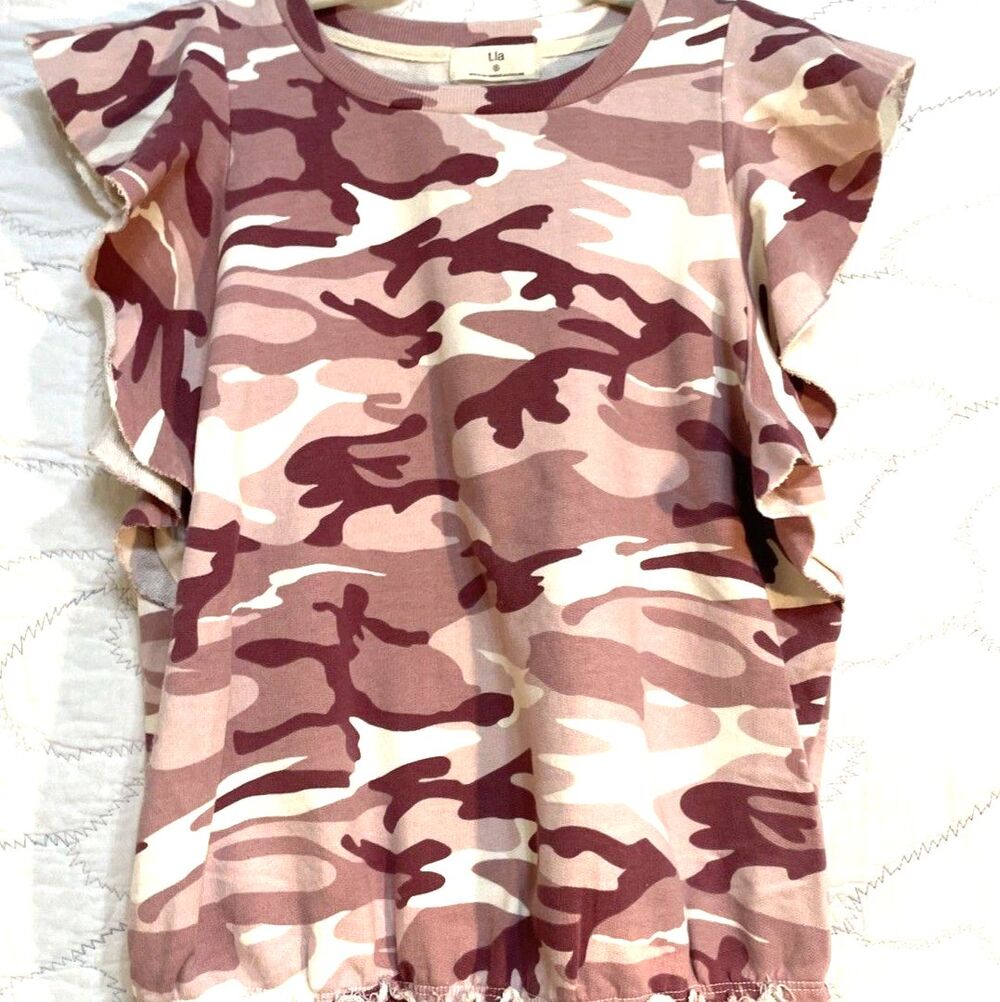 Anthropologie T. La NWOT Sleeveless Ruffle Mauve Camo Sweatshirt Sz SM/$79